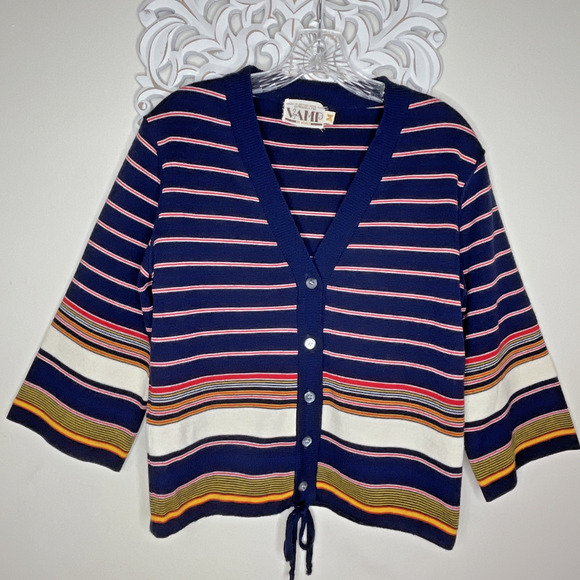 VTG VAMP by Koret size M Knit SWEATER V-Neck Button up 3/4 Sleeves Striped BLUE - Picture 1 of 16